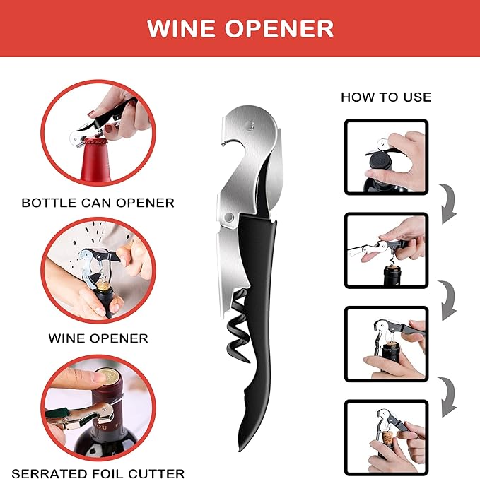 Jar Opener for Weak Hands, Seniors with Arthritis, 5 in 1 Multi Function Bottle Opener Lid Opener For Arthritic Hands with Corkscrew Wine Opener (red)