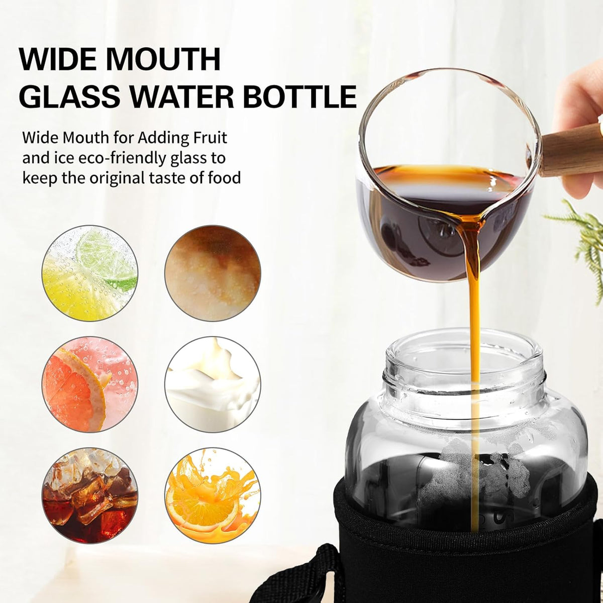 50 oz Glass Water Bottles - Large, Clear, Borosilicate Glass Water Bottle with Stainless Tea Infuser - Cup-Function Lid, Neoprene Sleeve, Strap - Wide Mouth BPA free, for Tea, Beverages, Juice