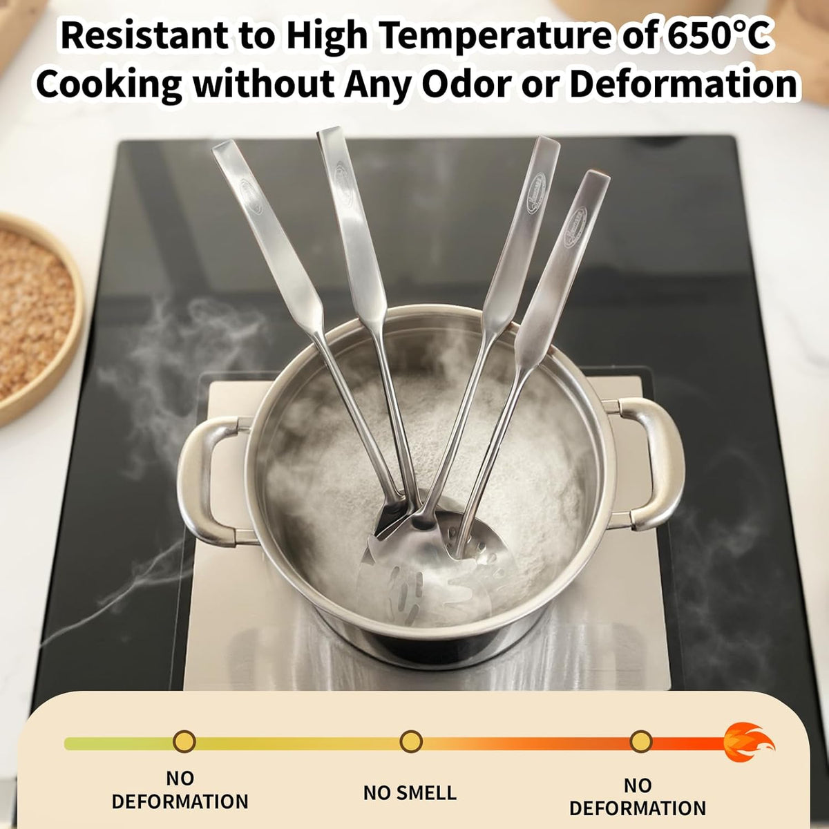 Newness 4 Pcs Cooking Utensils Set, 304 Stainless Steel Kitchen Utensils Set, Metal Kitchen Accessories, Include Soup Ladle, Slotted Skimmer Spoon, Spaghetti Spoon and Spatula, Dishwasher Safe