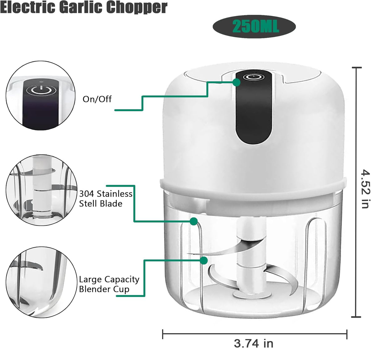 250ML Electric Garlic Chopper, Mini Portable Veggie Chopper, Garlic Grinder Masher Onion Chopper, Blender to Vegetable, Wireless Food Processor for Ginger, Chili, Fruit, Meat, etc
