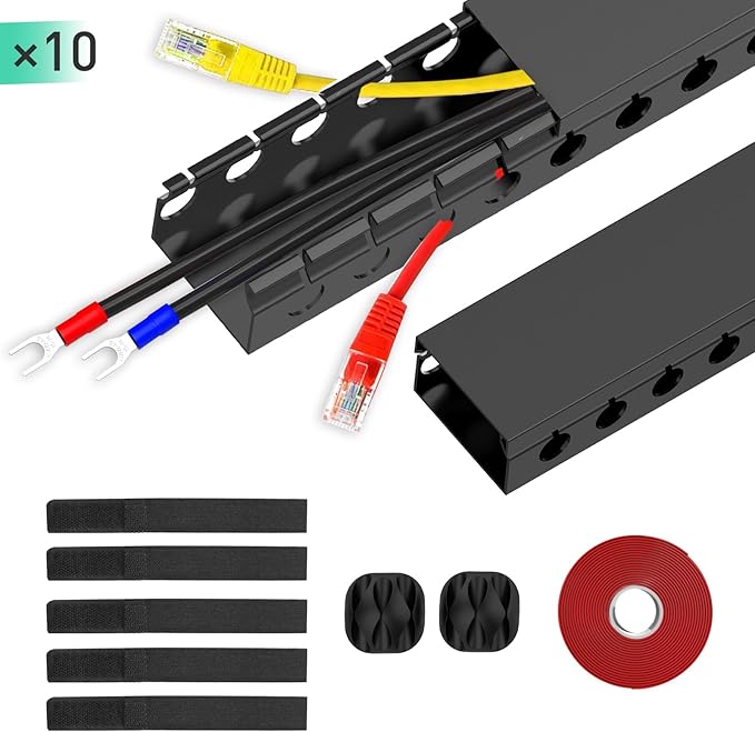 Updated Cable Raceway Kit - 154 (10x15.4) Inch Open Slot Wire Covers for Cords, Under Desk Cable Management System to Hide Under Desk/Tv/Computer/Net/Power Cords, (Pack 10)