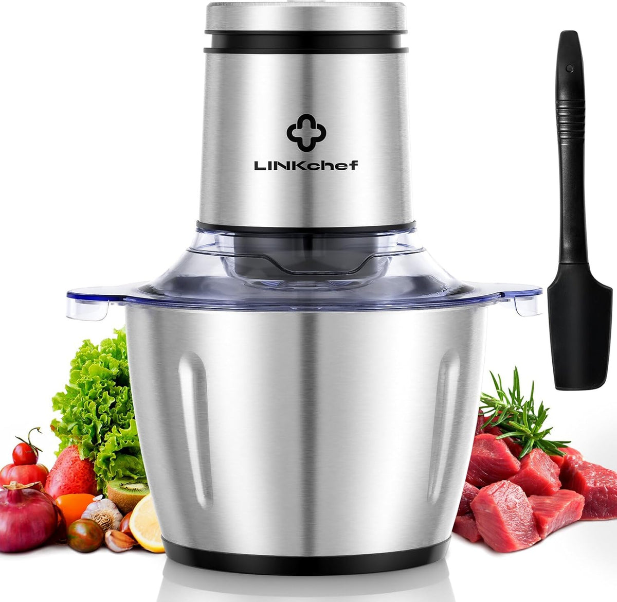 LINKChef Food Processor Small, 8 Cup Food Chopper with Container, 2L 600W Electric Meat Grinder for Home Use, Stainless Steel Mini Food Processor for Kitchen, Vegetable, Onion, Garlic, Salad