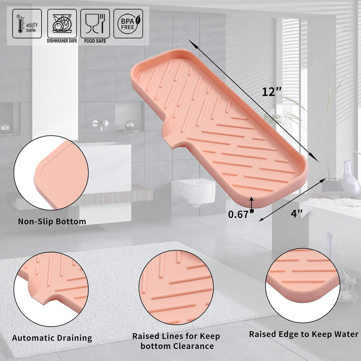Silicone Bathroom Soap Dishes with Drain Spout-Bathroom and Kitchen Sink Organizer,Sponge Holder,Dish Soap Tray,Perfect for Dispenser,Scrubber,Bottle,Cup on Sink or Counter-Pink 12"×4"
