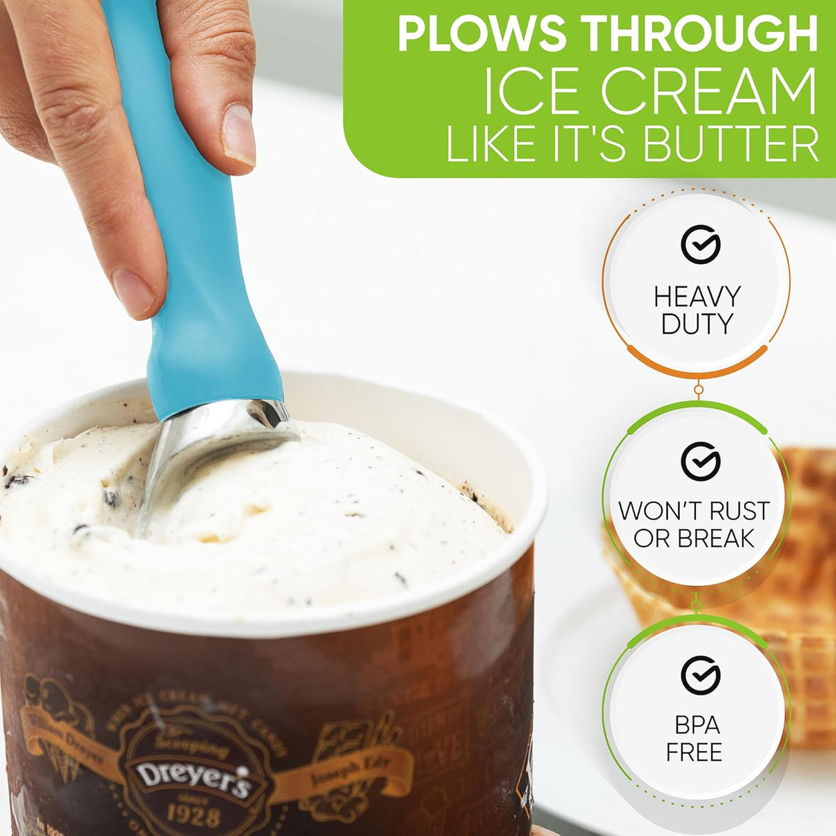 Spring Chef Ice Cream Scoop with Soft Grip Handle, Professional Heavy Duty Sturdy Scooper, Premium Kitchen Tool for Cookie Dough, Gelato, Sorbet, Aqua Sky
