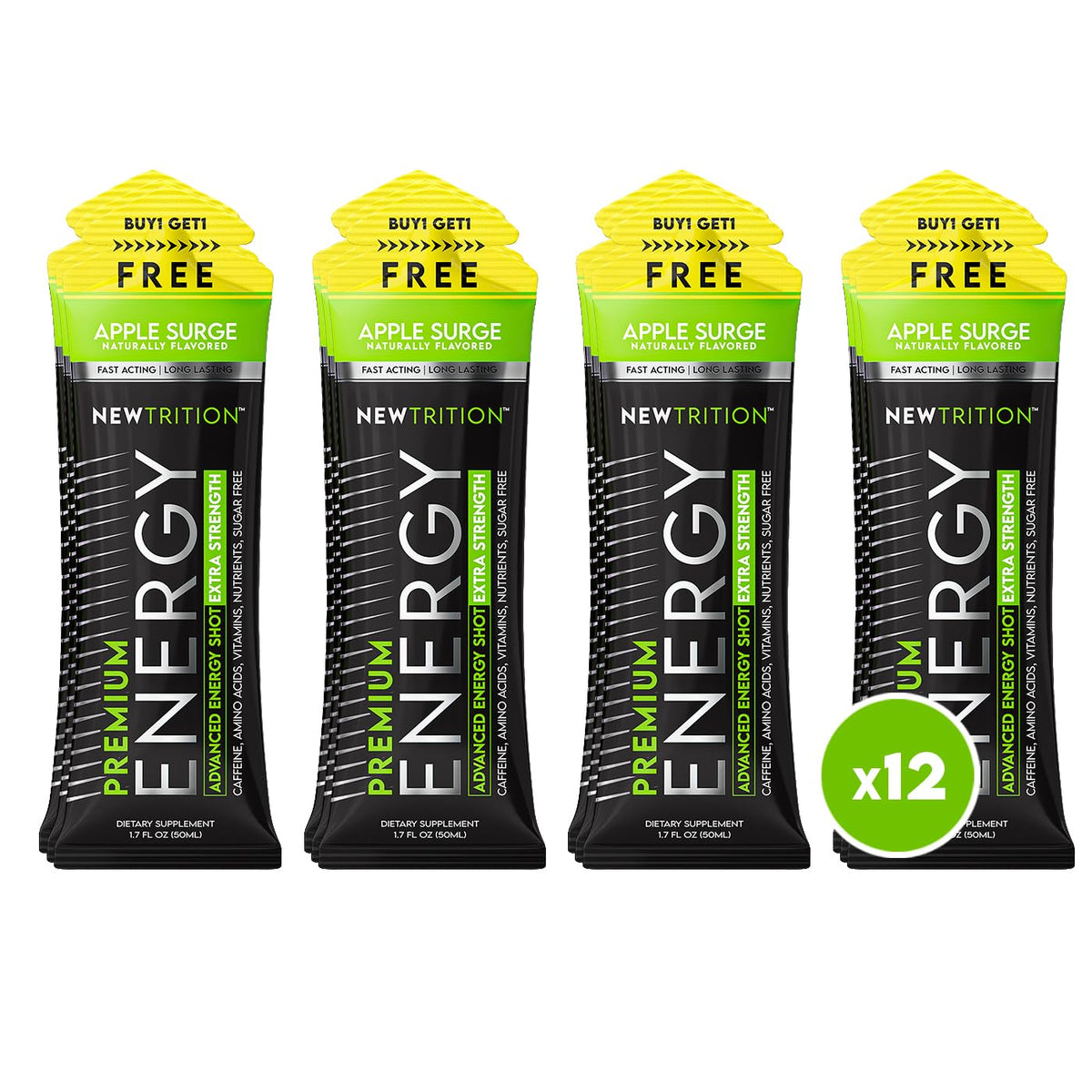 NewTrition® Extra Strength Energy Shots, 250mg Caffeine Energy Shots with Vitamin B & Amino Acids, Sugar-Free Vitamin Energy Shot, 1.7 fl oz (Pack of 12, Apple Surge)