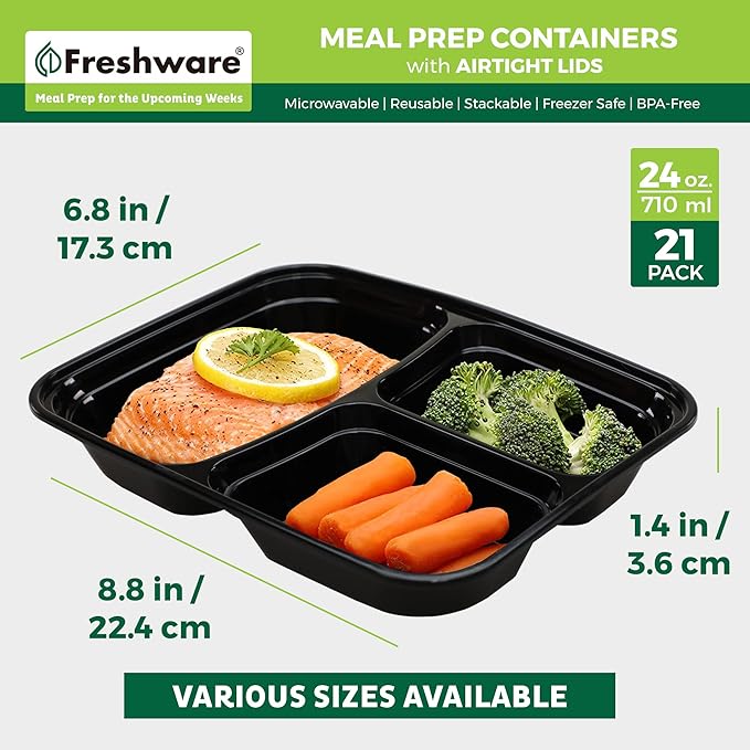 Freshware Meal Prep Containers [21 Pack] 3 Compartment with Lids, Food Storage Containers, Bento Box, BPA Free, Stackable, Microwave/Dishwasher/Freezer Safe (24 oz)