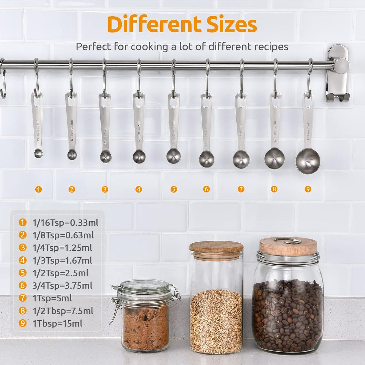 Measuring Spoons: U-Taste 18/8 Stainless Steel Measuring Spoons Set of 9 Piece: 1/16 TSP, 1/8 TSP, 1/4 TSP, 1/3 TSP, 1/2 TSP, 3/4 TSP, 1 TSP, 1/2 tbsp & 1 tbsp Dry and Liquid Ingredients