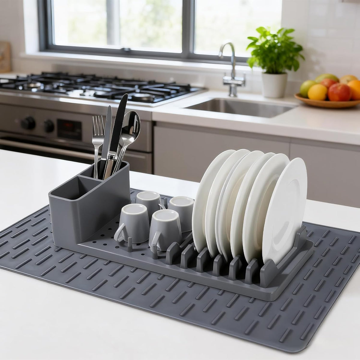 Silicone Dish Drying Rack with Mat - Foldable Space Saving Kitchen Sink Organizer, Countertop Drainer for Dishes Utensils (50x35cm Mat & Detachable Holder)