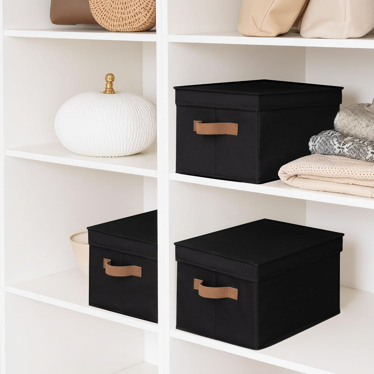 StorageWorks Large Storage Bins with Lids, Decorative Storage Boxes with Lid and PU Handles, Foldable Storage Baskets for Closet, Shelves, Stackable, Black, 3-Pack