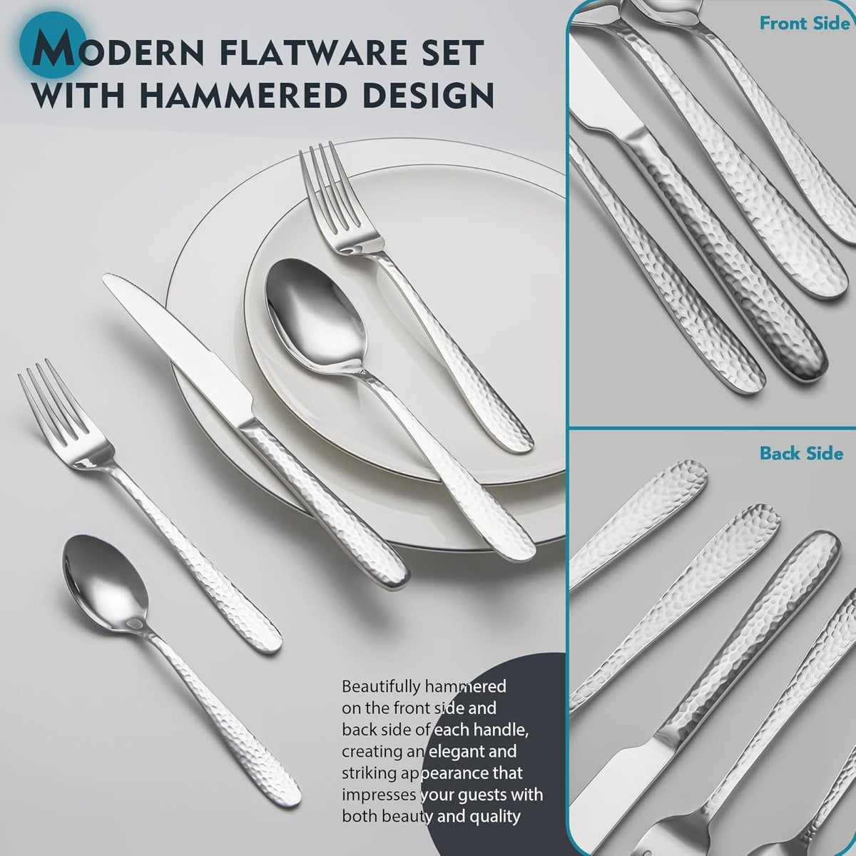 Hammered Silverware Set, EIUBUIE 40-Piece Stainless Steel Flatware Set for 8, Mirror Finish Tableware Kitchen Cutlery Sets, Durable Home Eating Utensils Sets Includes Fork Spoon Knife, Dishwasher Safe