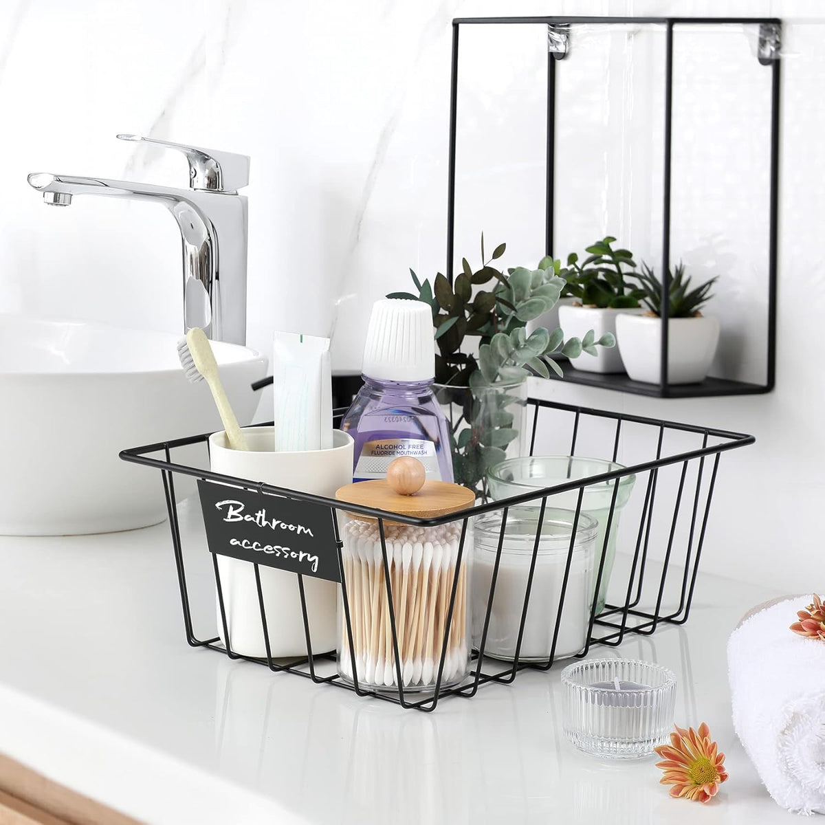 8 Pack Wire Storage Baskets for Organizing with Removable Tags, Pantry Organization Bins for Kitchen Cabinets, Closet - Metal Basket for Laundry, Garage, Refridge, Bathroom Countertop Organizer, Black
