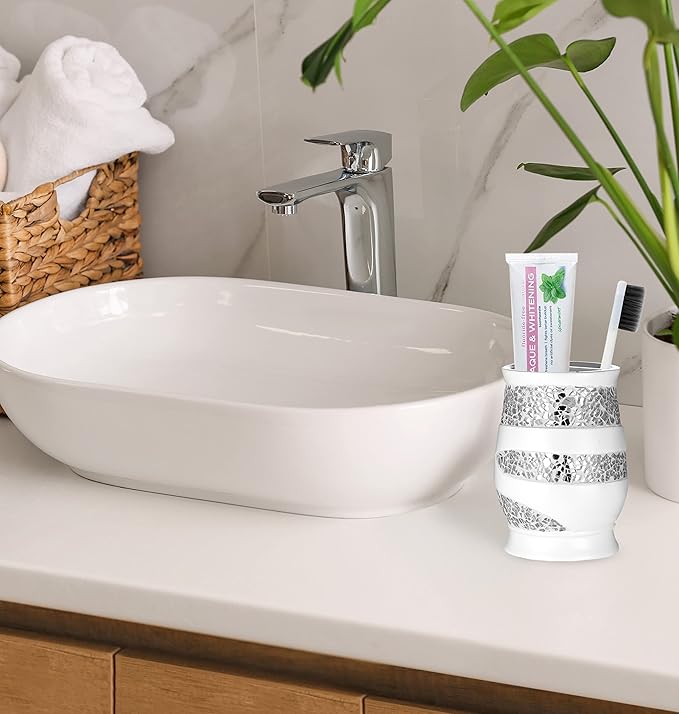 Zahari Home 4pc Sinatra Stylish Bathroom Accessories Set White Soap Dispenser, Tumbler, Tooth Brush Holder and Soap Dish Modern Classic Luxury Decor Bling Mosaic Glass White Bathroom Accessories