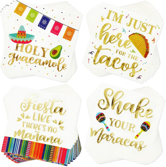 100 Pack Mexican Fiesta Napkins for Cinco de Mayo Party Supplies, Taco Fiesta Decorations in 4 Designs (5x5 In)