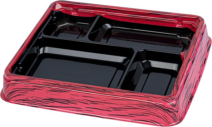 Restaurantware Bento Tek 15.2 Ounce Meal Prep Containers, 50 Disposable To Go Food Boxes - Lids Sold Separately, 4 Compartments, Red And Black Plastic Bento Lunch Boxes, Freezable, For Take Out