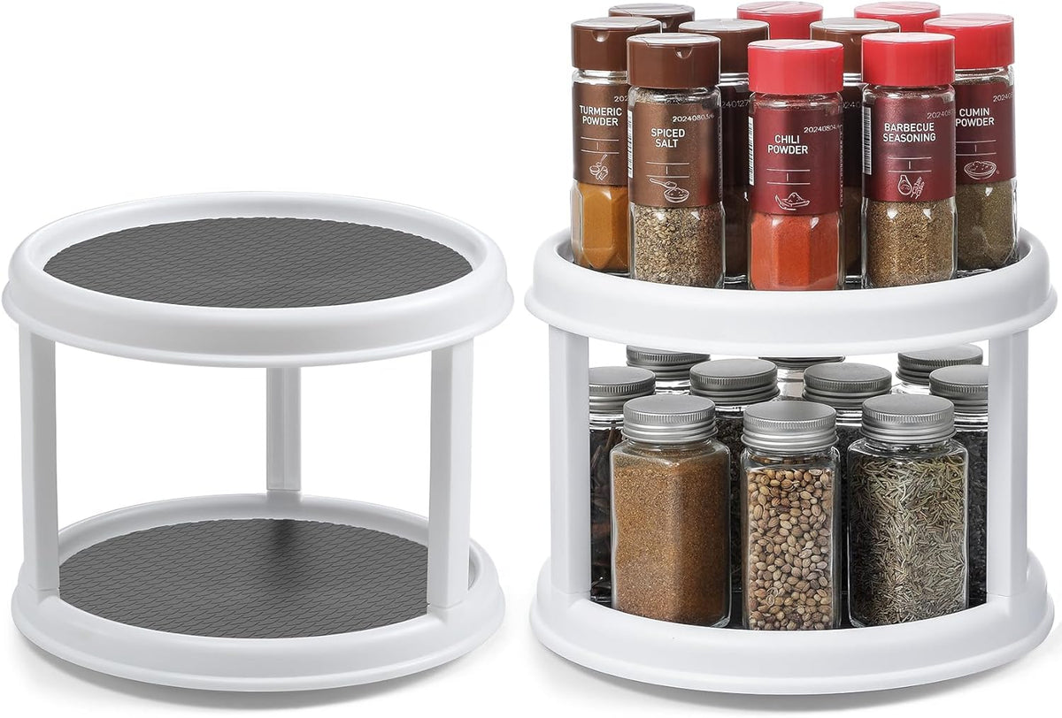 2 Pack, 2 Tier 10" Turntable Lazy Susan Spice Organizer - Rotating Seasoning Rack Spinner for Pantry Cabinet Kitchen Countertop, Table Top Organizing - Multiuse Two Tier Rotating Organization Rack