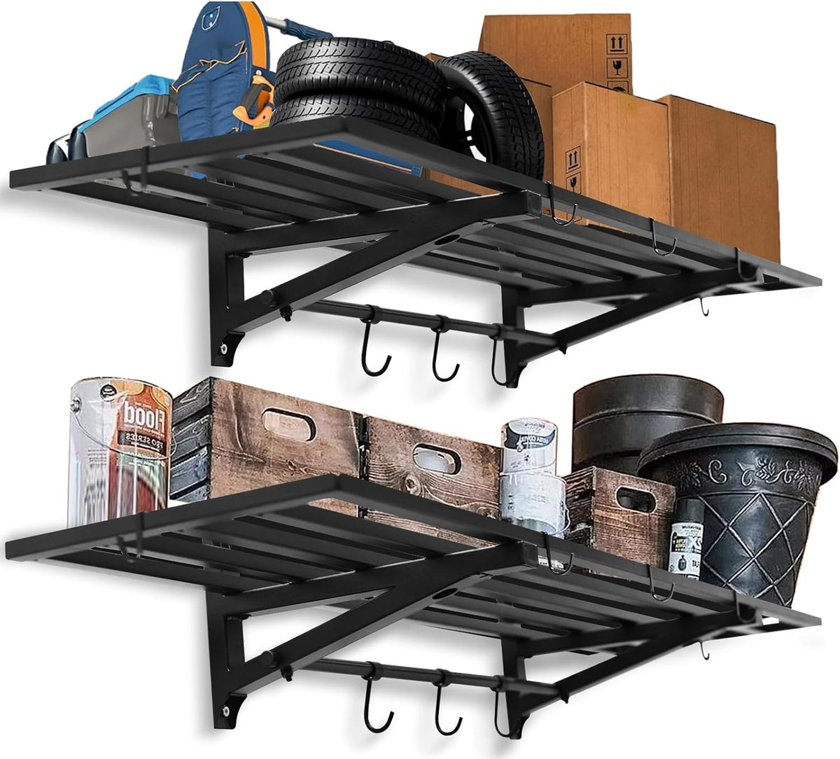 2-Pack 1.6X4 FT Garage Shelving Wall Mounted Holds Up to 800 Lbs Heavy Duty Wall Shelf, Black Metal Floating Adjustable Wall System Shelves for Garage Storage, Shed