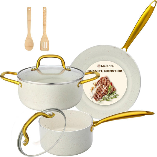 Pots and Pans Set Non Stick, 7 Piece White Granite Induction Cookware Set, Nonstick Kitchen Cooking Set with Gold Handle and Utensil, Oven Safe (PFOS, PFOA Free)