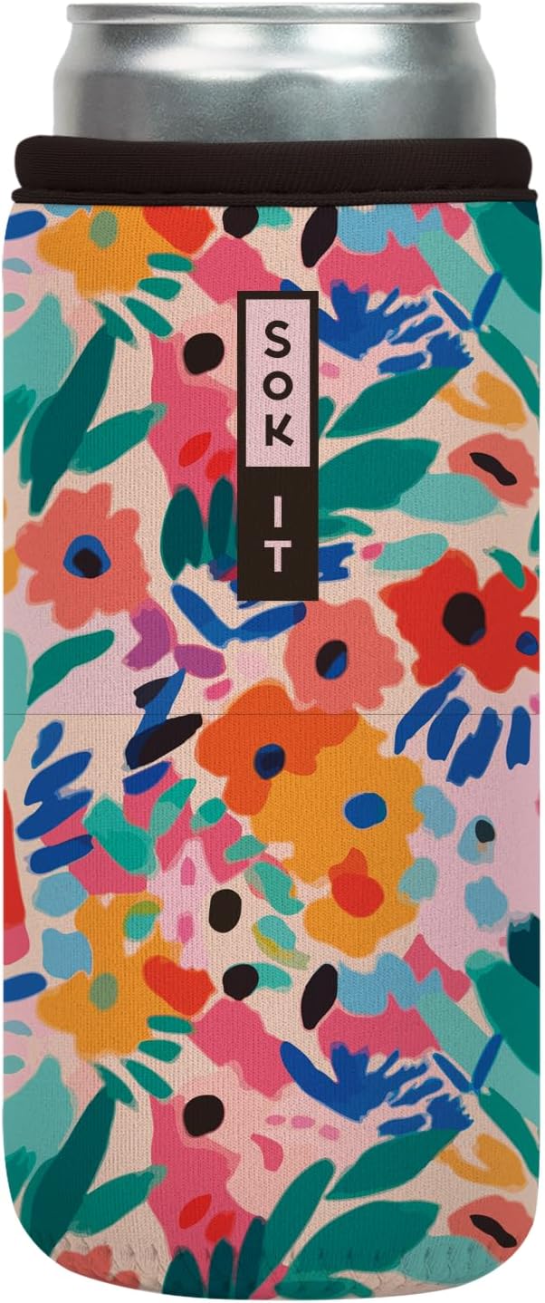 Sok It CanSok Sleeve for Beer & Soda Insulated Neoprene Cover (Abstract Floral, 12oz Slim Can Sleeve)
