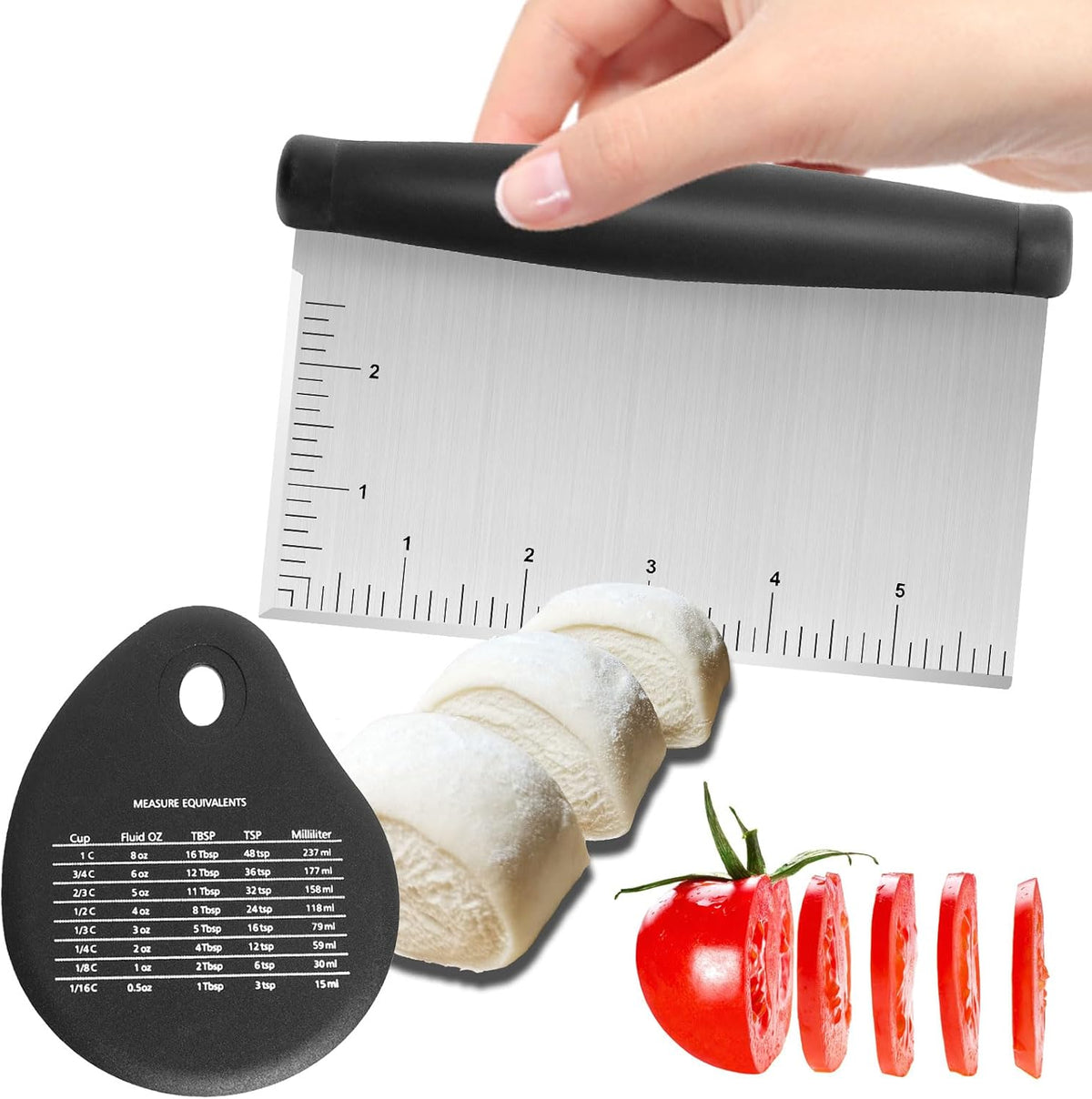 Stainless Steel Dough Scraper & Chopper - 6 Inch Multi-Purpose Kitchen Tools with Measuring Markings, Cutter for Dough, Cake,Griddle Scraper,Bench Scraper and Extra Bowl Shaped Scraper