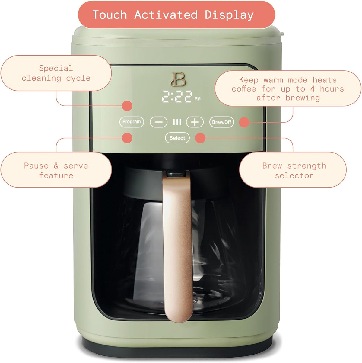 Beautiful Coffee Maker, 14-Cup, Touch Display, Programmable, 1200W, Stainless Steel, Keep Warm, 24h Timer dishwasher-safe (Sage Green)