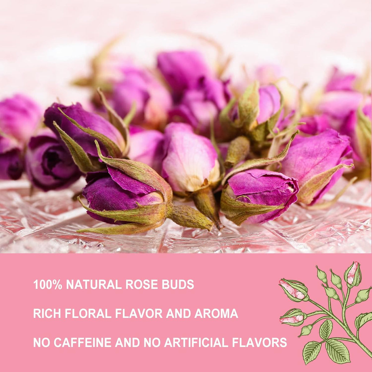 Olvvla - Dried Rose Bud For Fragrant Herbal Tea - 3.52oz/100g - Delicate Sweet and Refreshing - Natural Pink Rosebud Flower for Tisane, Decorative Desserts