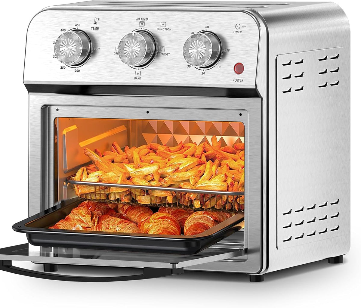 PlumChef 13 Quart 4 Slices Air Fryer Convection Toaster Oven, 1500W, Multifunction Oven for Roast, Bake, Grill, Broil, Toast（stainless steel）