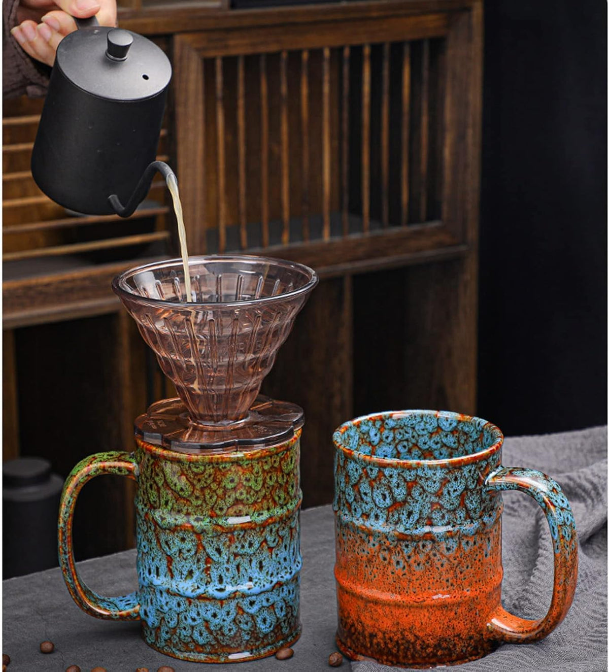 20 oz Ceramic Tea Cup - Large Coffee Mug for Office and Home - Dishwasher and Microwave Safe (2, Green and Blue)