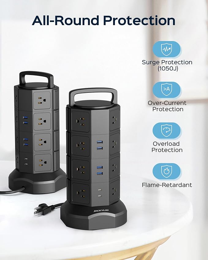 Power Strip Tower Surge Protector, JACKYLED 16 Outlets 6 USB (2 USB C) Charging Station, Extension Cord with Multiple Outlets, 1050J 1625W/13A Outlet Extender 6.5ft Extension Cord for Home Office