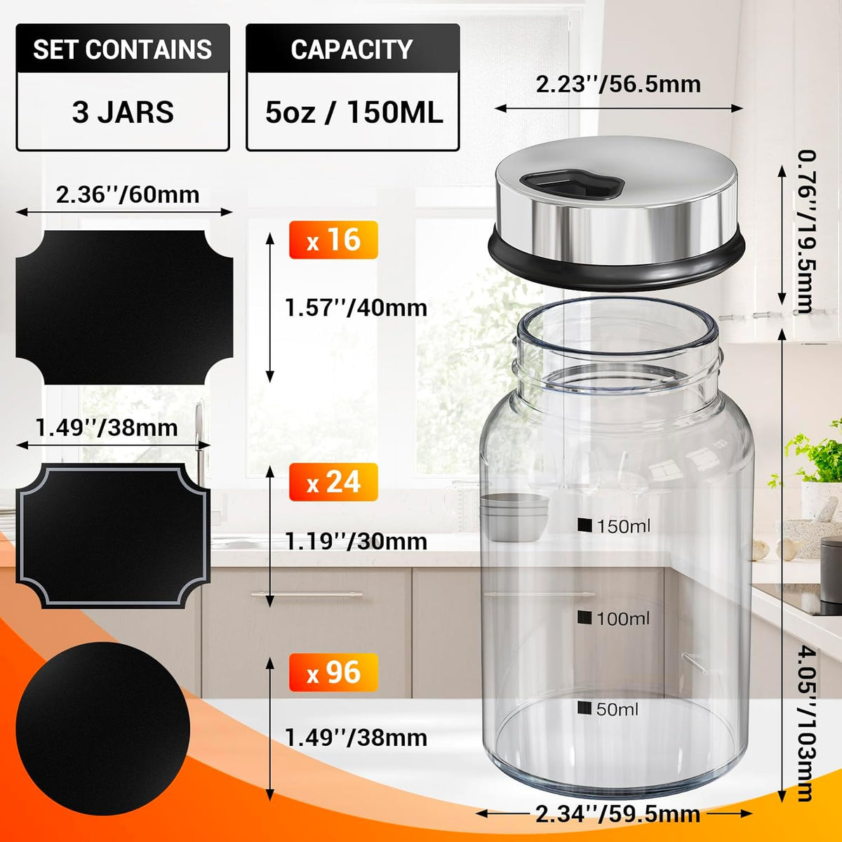 Segarty Glass Spice Jars, 3 Pack 5oz Spice Jars with Label, Empty Spice Containers with Shaker Lids, Seasoning Bottles with 136 Stickers, 1 Marker Pen and 1 Brush, Salt Pepper Shakers Set