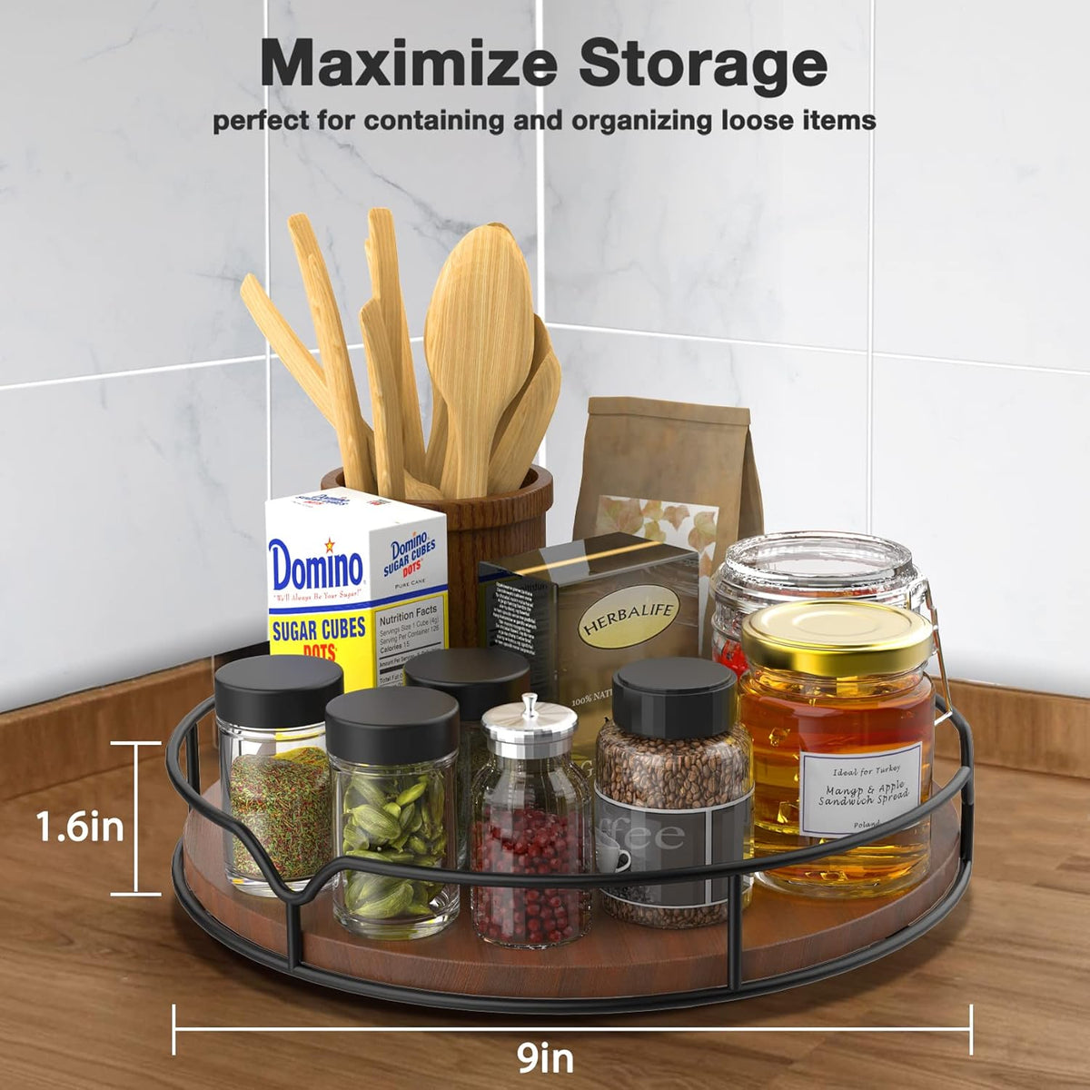 Lazy Susan Turntable Organizer for Cabinet Pantry Kitchen Countertop Refrigerator Cupboard, Pine Wood, 9", Brown