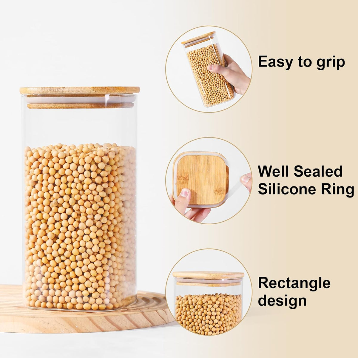 Glass Food Storage Jars with Lids(50oz)Square Set of 3 ,Glass Storage Containers Clear Glass Food Canister with Bamboo Lid Airtight For Serving Tea, Coffee Beans, Flour,Cookie, Cereal,Spice and More