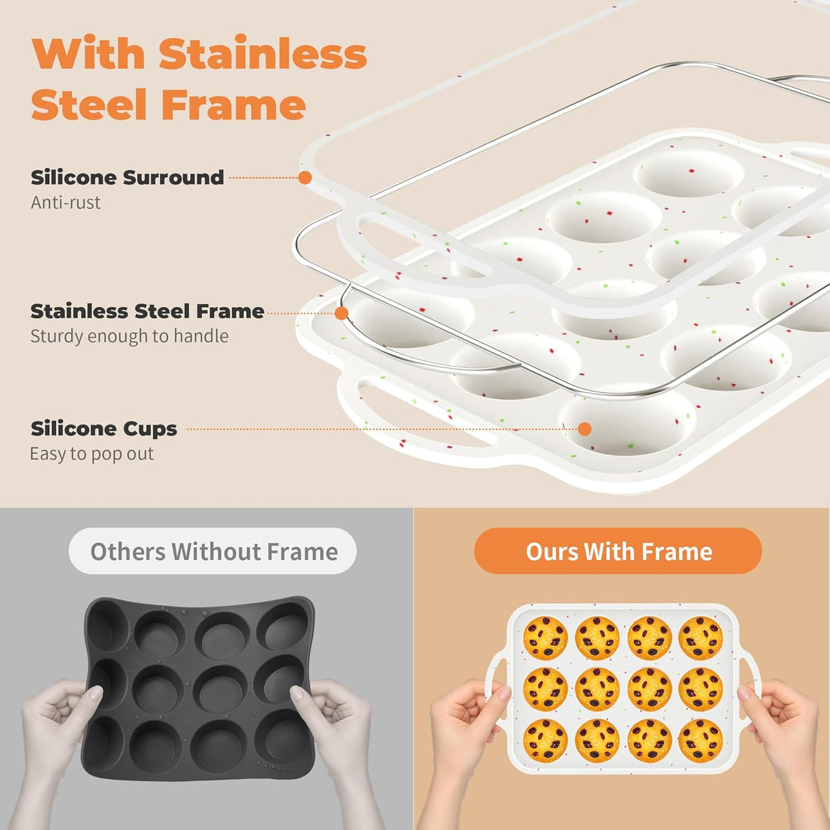 2Pack Mini Muffin Pan For Baking With Metal Reinforced Frame, 12 Cup Silicone Nonstick Cupcake Pan, BPA Free Silicone Mini Muffin Pan, Cupcake Baking Pan Molds for Oven