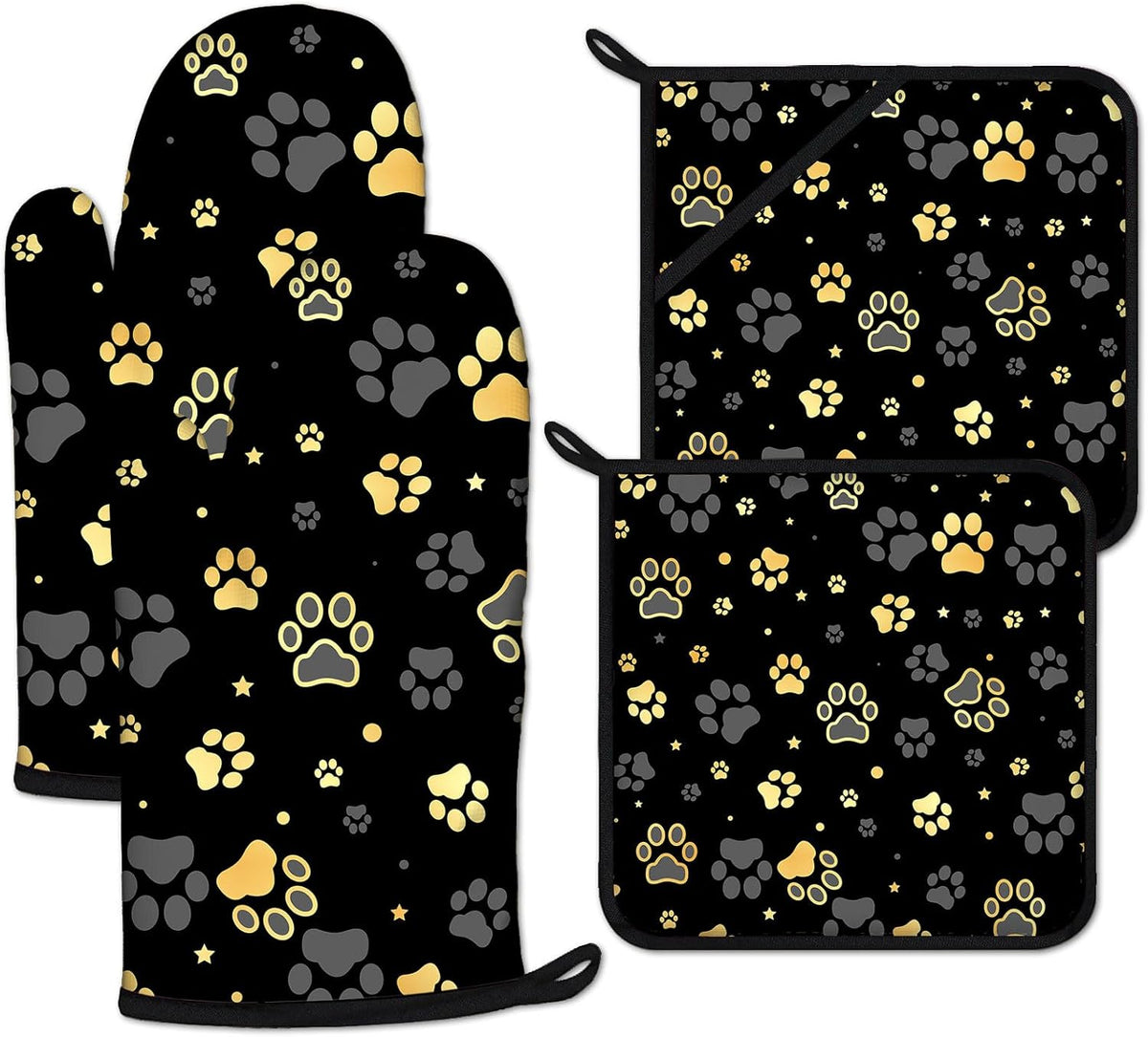 Gold Dog Paw Print Oven Mitts and Pot Holders Sets Heat Resistant 4Pcs Potholders Oven Gloves Hot Pads for Kitchen Baking Cooking Grilling BBQ