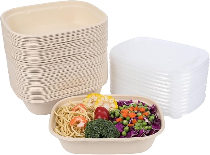 35oz Disposable salad bowls with lids, Sugarcane Fiber Paper Bowls take away food containers meal prep deli container 50 Pack