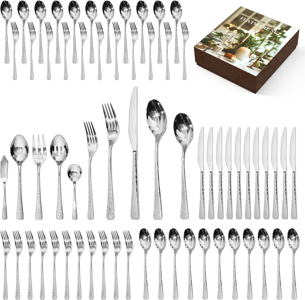 KINGSTONE Hammered Silverware Set, Flatware Set with Serving Utensils, 18/10 Stainless Steel Premium Cutlery with Unique Ripple Handles Design Mirror Polished - Dishwasher Safe (65-Piece)