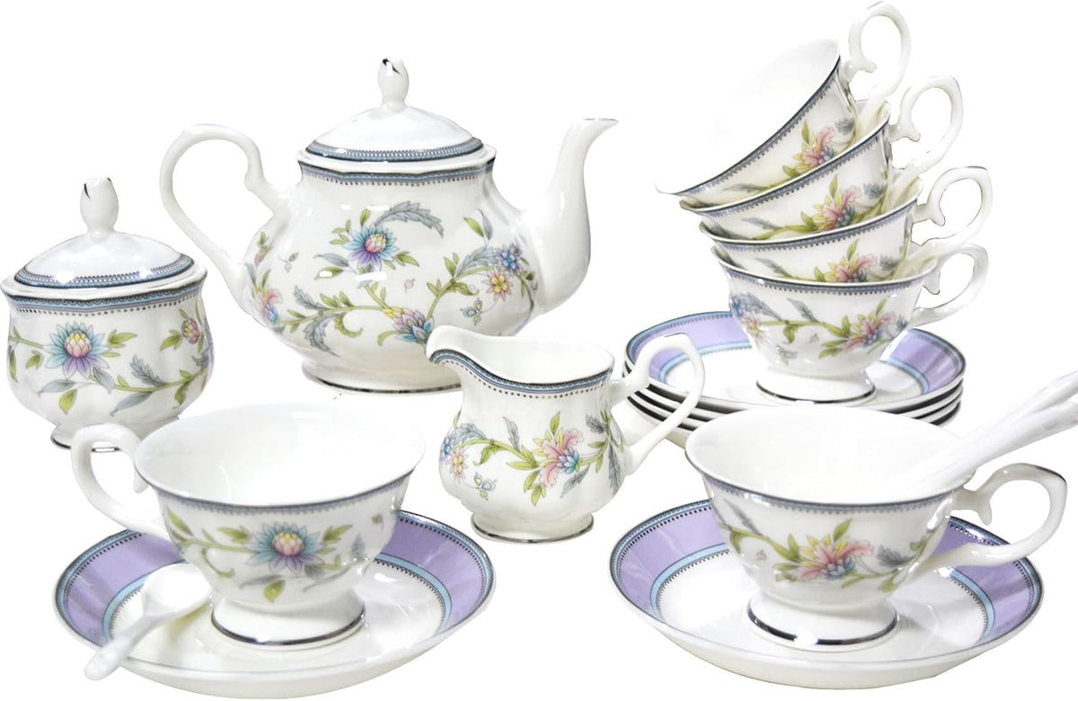 Bone China Tea Set, 21-Pieces Porcelain Tea Set for Adults, Tea Cups And Saucers for 6, with Teapot, Spoons, Sugar Bowl, Creamer Pitcher, Vintage Tea Set for Women Tea Party (Purple)