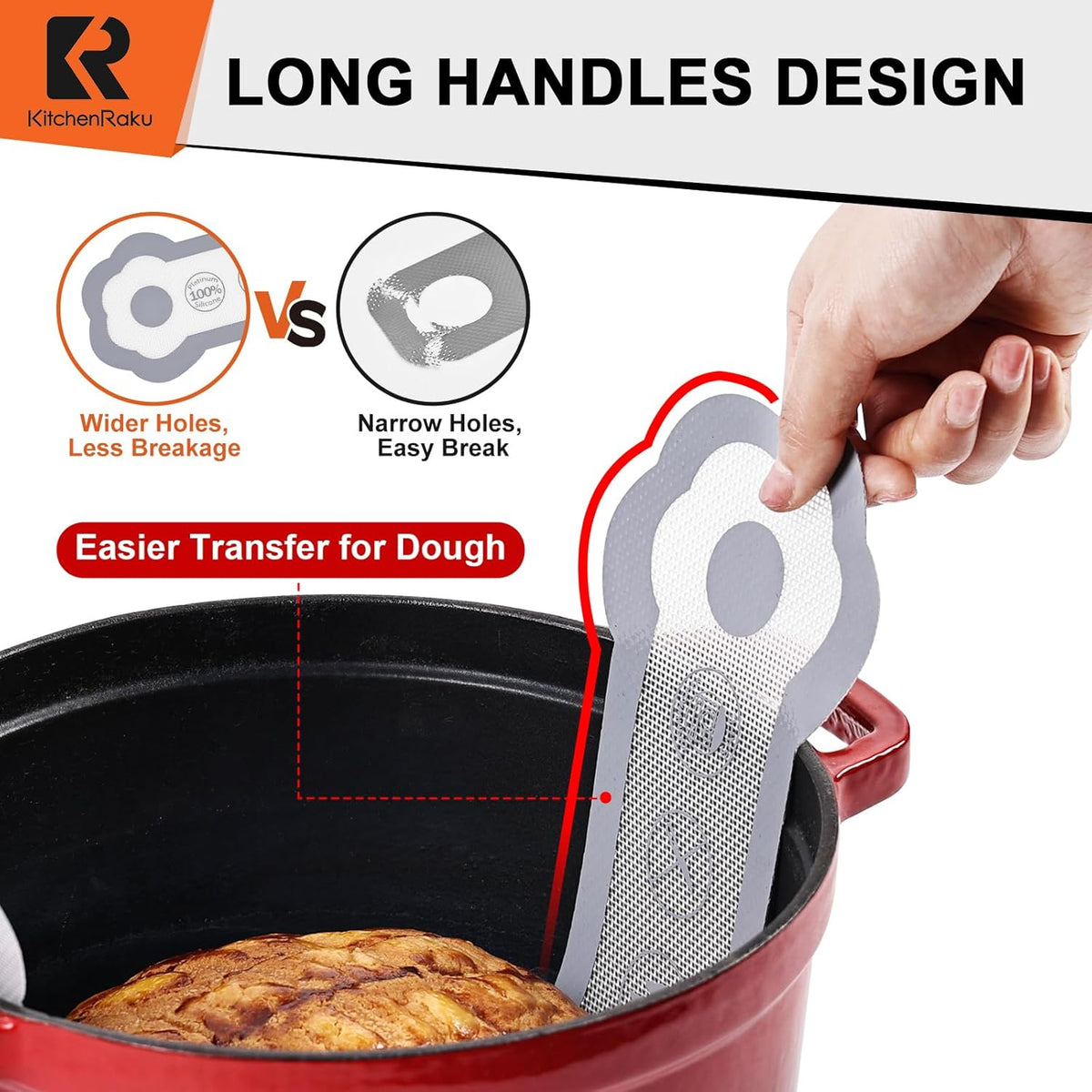 Cook's Aid 2 Pcs Silicone Bread Sling for Dutch Oven, Non-Stick Bread Baking Mat Set, Reusable Sourdough Bread Sling with Long Handles for Easier Transfer for Dough