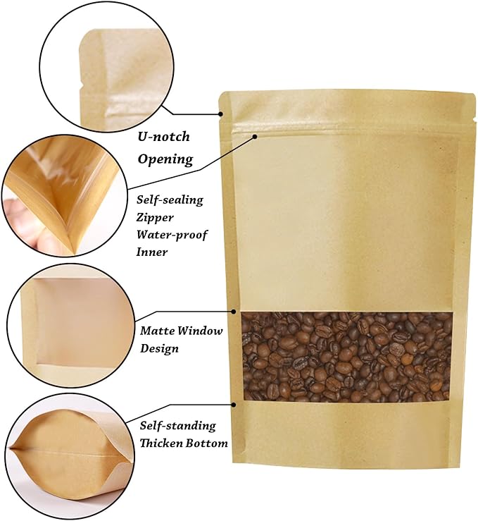 100 PCS Resealable Bags, Stand Up Kraft Paper Bags with Matte Window, Zipper Lock Food Storage Bags for Small Business and Home, 6.29 * 8.66 Inches Reusable Sealable Bags for Packaging