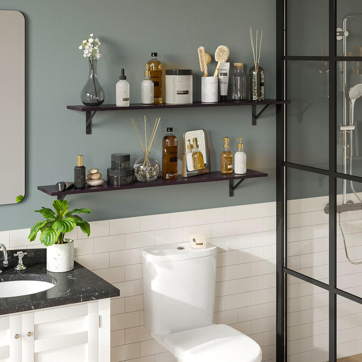 DINZI LVJ Long Wall Shelves, 55.1Inch Wall Mounted Shelves Set of 2, Extra Large Floating Storage Ledges with Sturdy Metal Brackets for Living Room, Bathroom, Bedroom, Kitchen, Espresso