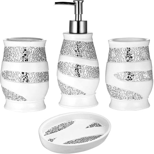 Zahari Home 4pc Sinatra Stylish Bathroom Accessories Set White Soap Dispenser, Tumbler, Tooth Brush Holder and Soap Dish Modern Classic Luxury Decor Bling Mosaic Glass White Bathroom Accessories