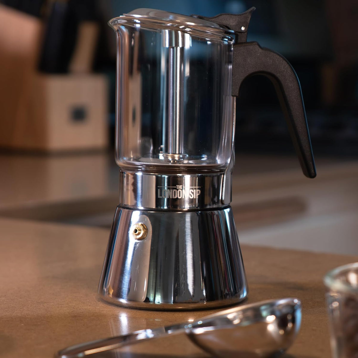 London Sip Glass and Stainless Steel Stovetop Espresso Maker Moka Pot Italian Coffee Percolator, Glass, Medium (10.14 oz)