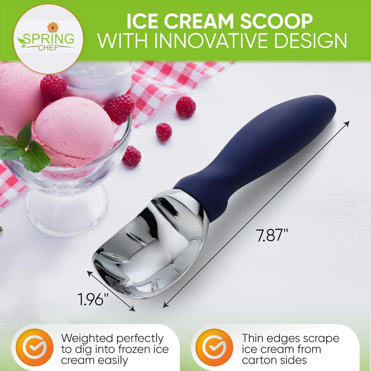 Spring Chef Ice Cream Scoop with Soft Grip Handle, Professional Heavy Duty Sturdy Scooper, Premium Kitchen Tool for Cookie Dough, Gelato, Sorbet, Sapphire