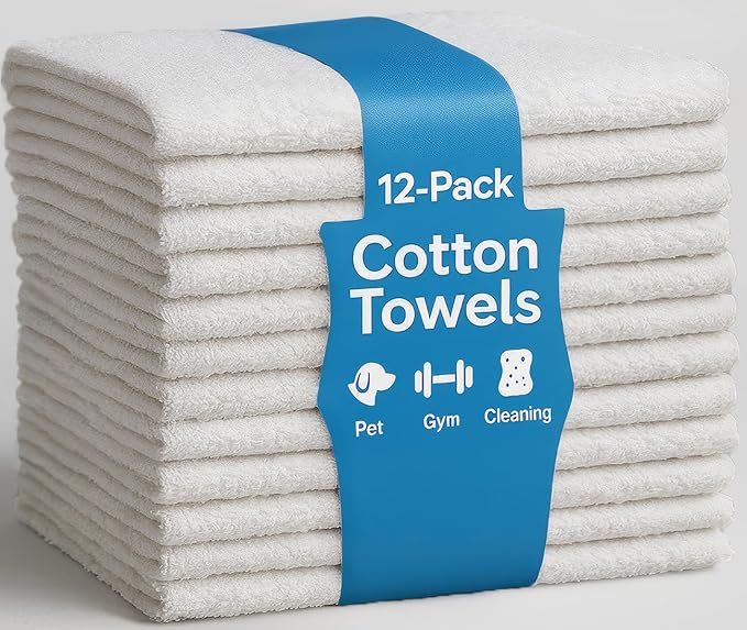 JMR 12 Pack Thin 100% Cotton Utility Towels (20x40 White) - Quick-Dry, Lightweight & Economical for Pets, Gym, Cleaning, Kitchen, Travel, Hair, Auto - Practical Multi-Use Space Saver, Bulk Value