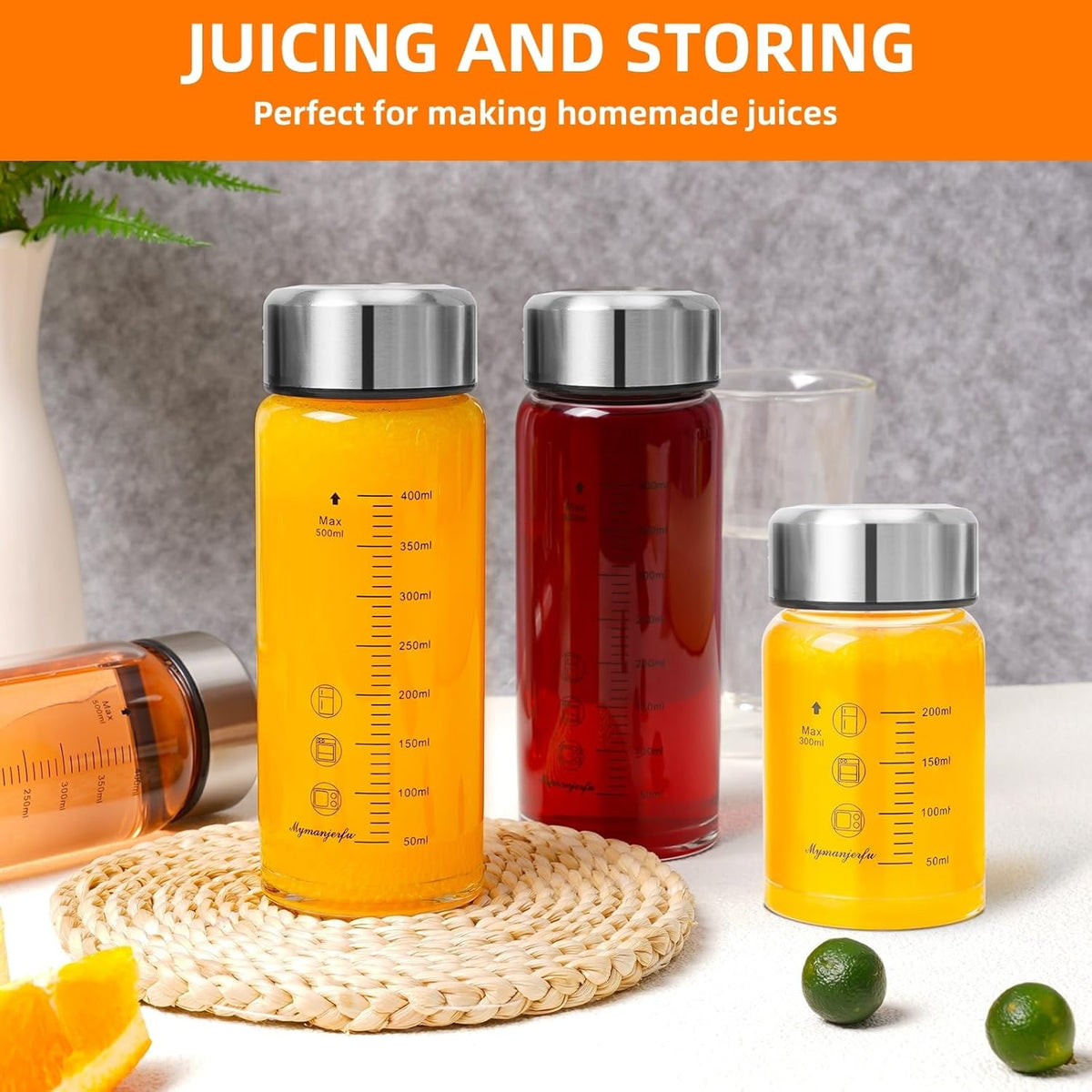 Glass Juice Bottles 6 Pack 20 oz - Wide Mouth Glass Water Bottles with Lids - for Juicing, Smoothies, Milk, Protein, BPA Free, Reusable, Stainless Steel Lids, Leak Proof, Shaker bottle (20oz/600ml)