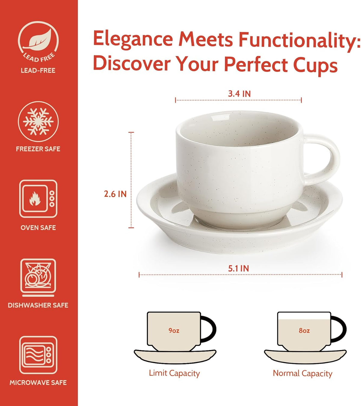 Sweese Porcelain Cappuccino Cups Set - 8 oz Stackable Coffee Mugs with Saucers, Metal Stand, Dove Grey, Set of 4