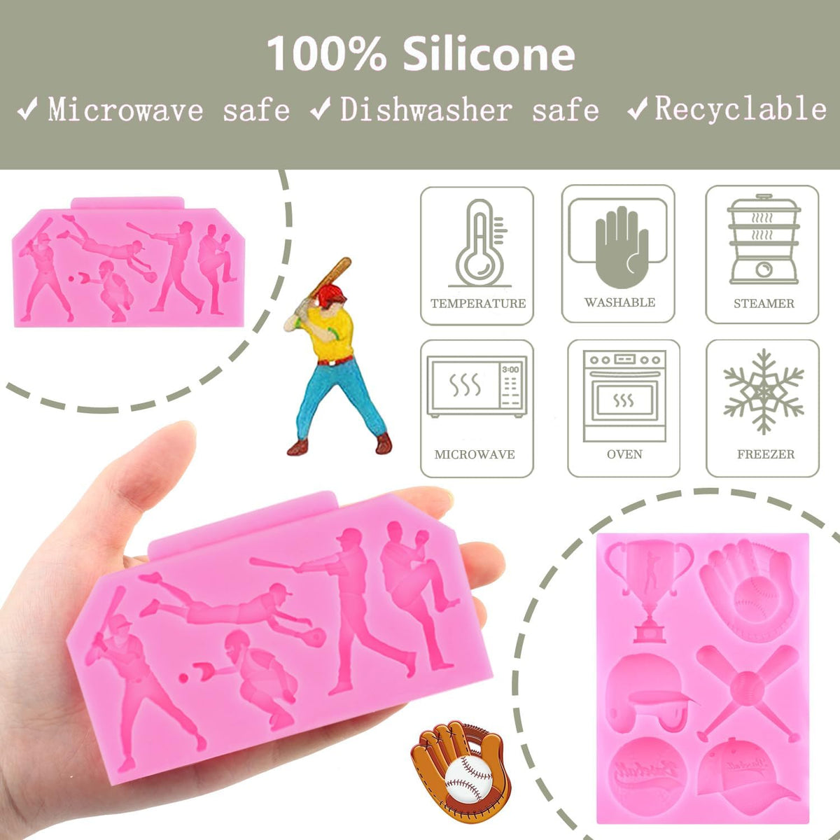 Mujiang Baseball Fondant Molds Sports Theme Silicone Molds Baseball Cap Bat Cake Decoration Mold For Cake Decorating Chocolate Gum Paste Candy Polymer Clay Set Of 3