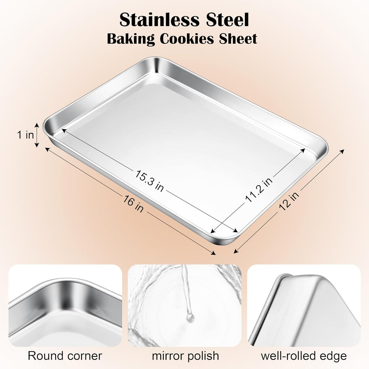 E-far Stainless Steel Baking Sheet, 16” x12” x 1” Baking Cookie Sheet Pan for Oven, Non-toxic Metal Trays for Baking Cake Cookie, Healthy & Rust Free, Mirror Finish & Dishwasher Safe, 1 Pack