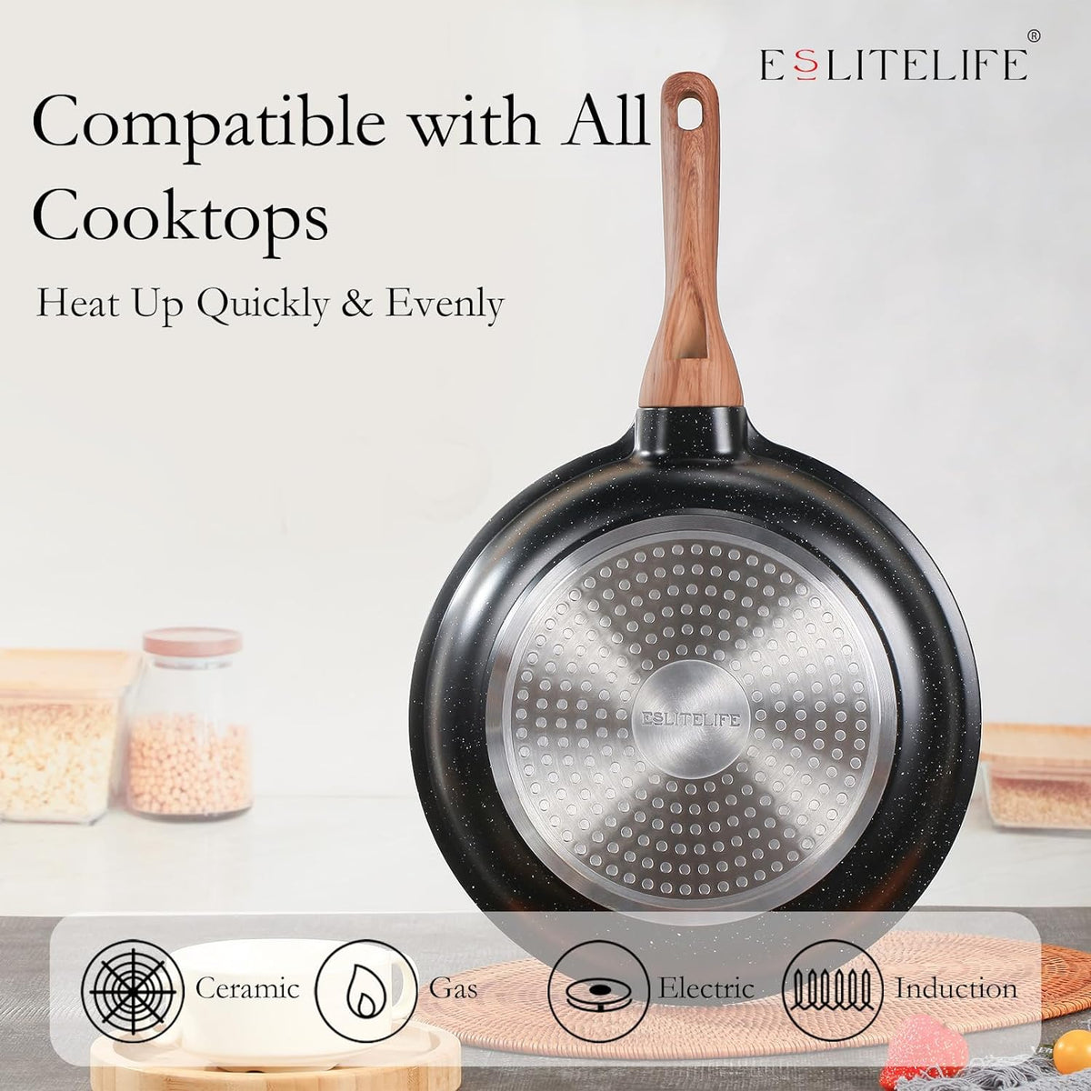 ESLITE LIFE Nonstick Ceramic Frying Pan Skillet, Non-Toxic Egg Omelette Kitchen Cooking Pans Compatible with All Stovetops (Gas, Electric & Induction), PTFE & PFOA Free (Black, 11'')