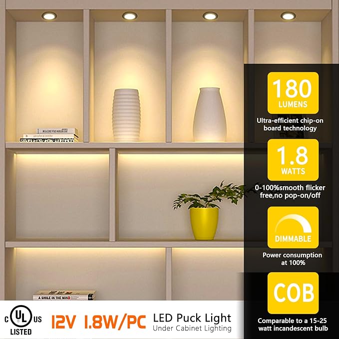 VST Under Cabinet Lights CCT 3000K-6000K, Puck Lights Color Temperature and Brightness Adjustable with Touch Switch and ETL Listed Led Driver, Plug in Led Light for Kitchen Under Cabinet Wardrobe