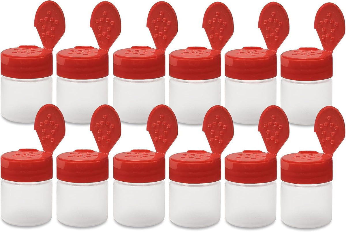 ljdeals 1 oz Plastic Spice Jars with Red Flip & Sift Caps – 12 Pack Empty Spice Bottles for Herbs, Seasonings, Powders, Camping, Travel, Kitchen, Restaurant Use – BPA-Free, Recyclable, Made in USA